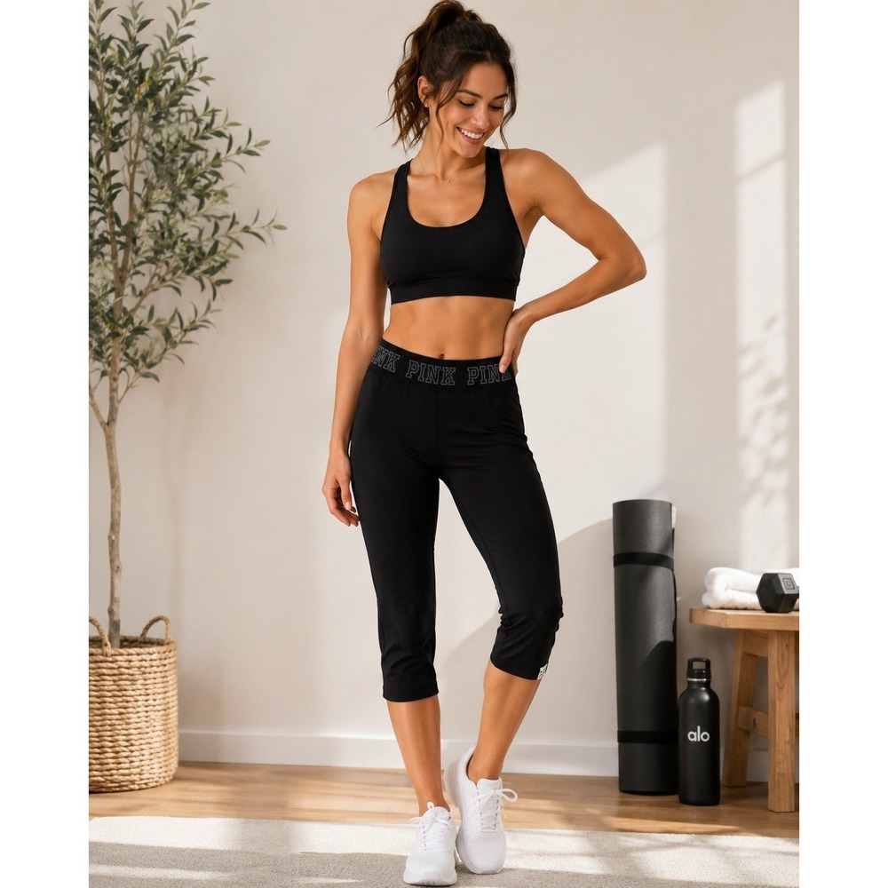 Victoria's Secret PINK Ultimate Leggings M Black Logo Waist Capri Yoga Gym -3682